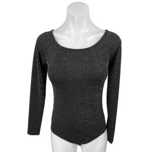 NEW Aqua Black Metallic Glitter Shimmer Long Sleeve One Piece Bodysuit Top Sz M